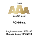 Den Unternehmen RCM d.o.o. wurde Gold AAA Zertifikat für Bonität Excellenze im Jahr 2018 erteilt